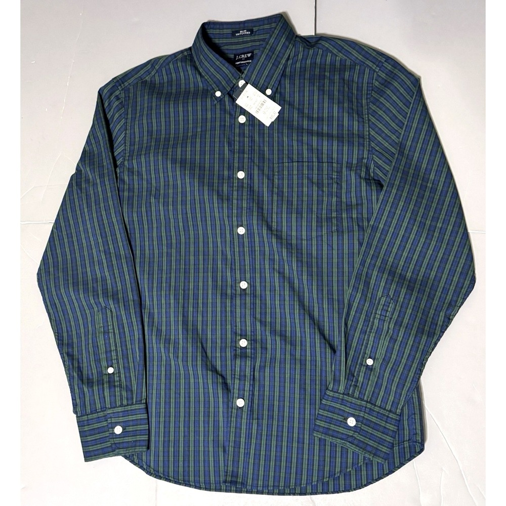 J Crew Performance Shirt Medium Slim Untucked Fit Long Sleeve Green Blue Plaid